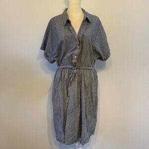 Mixed Media Stripe Belted Nautical Dress Women 16 Navy White Beachy Coastal